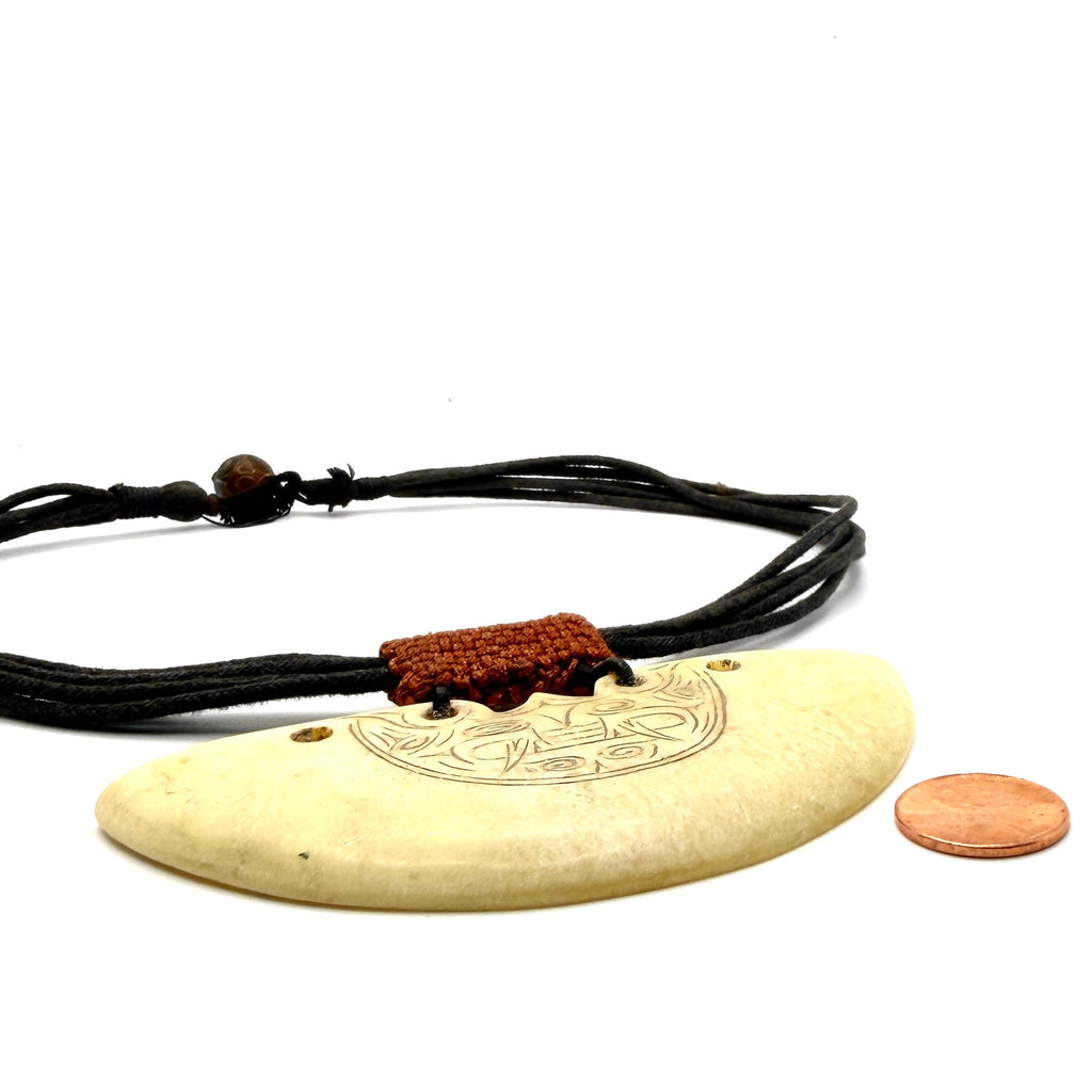 Vintage 90s Chinese Carved Stone Taotie Huang Half Moon Pendant Necklace