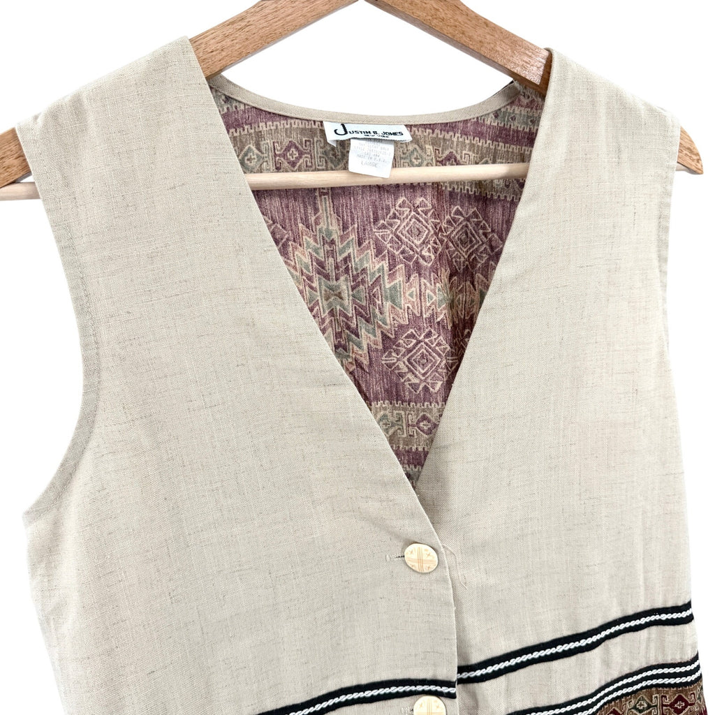 Vintage 90s Justin B. Jones Tan Southwestern Aztec Print Tie-Back Vest