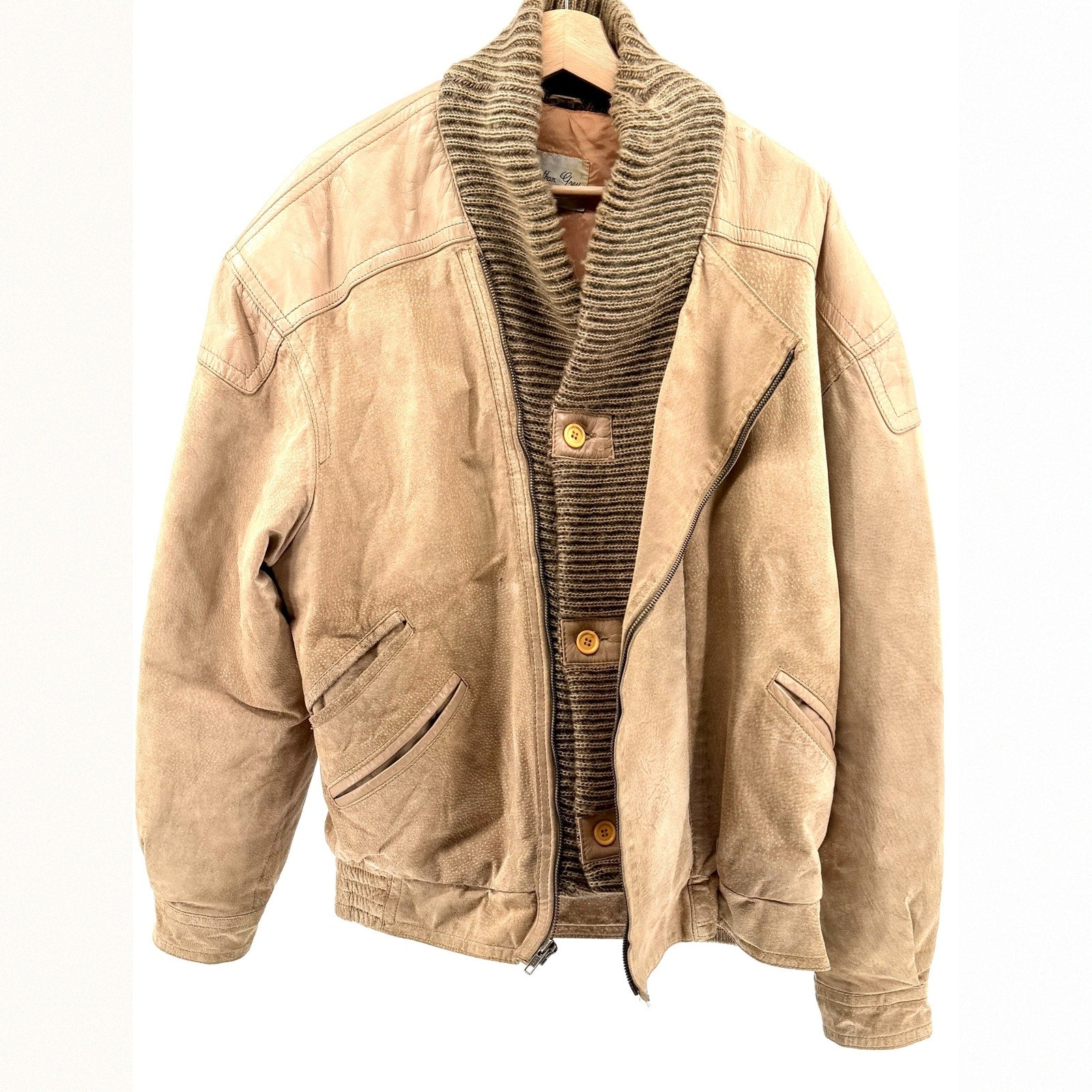 Vintage 80s Jonathan Grey Tan Genuine Leather Suede Bomber Jacket