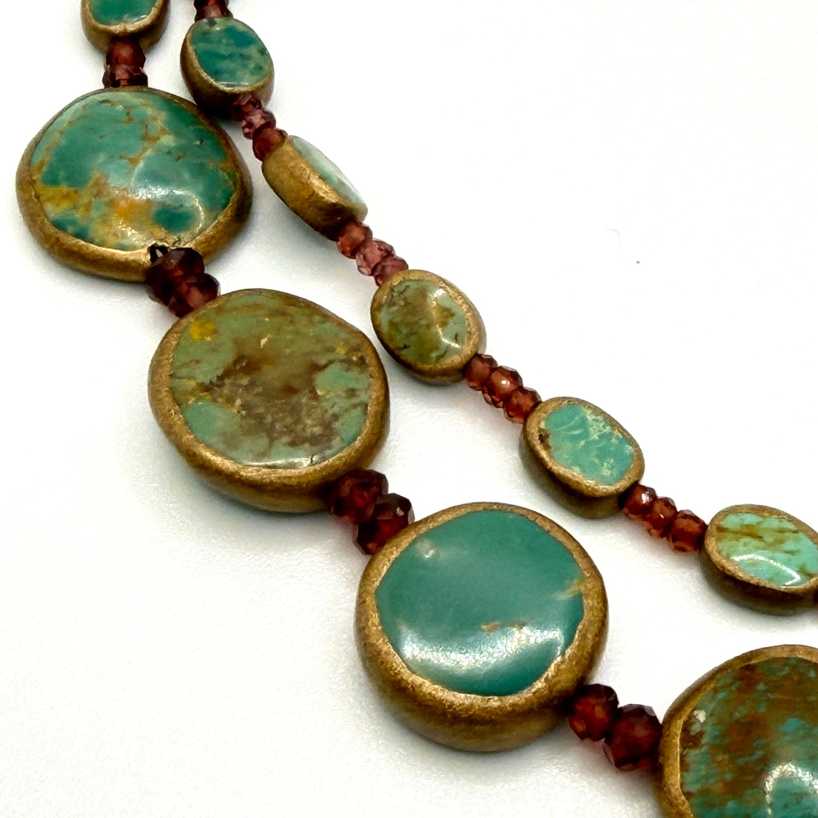 Vintage Turquoise Rubellite Double Strand Copper Hook Artisanal Necklace