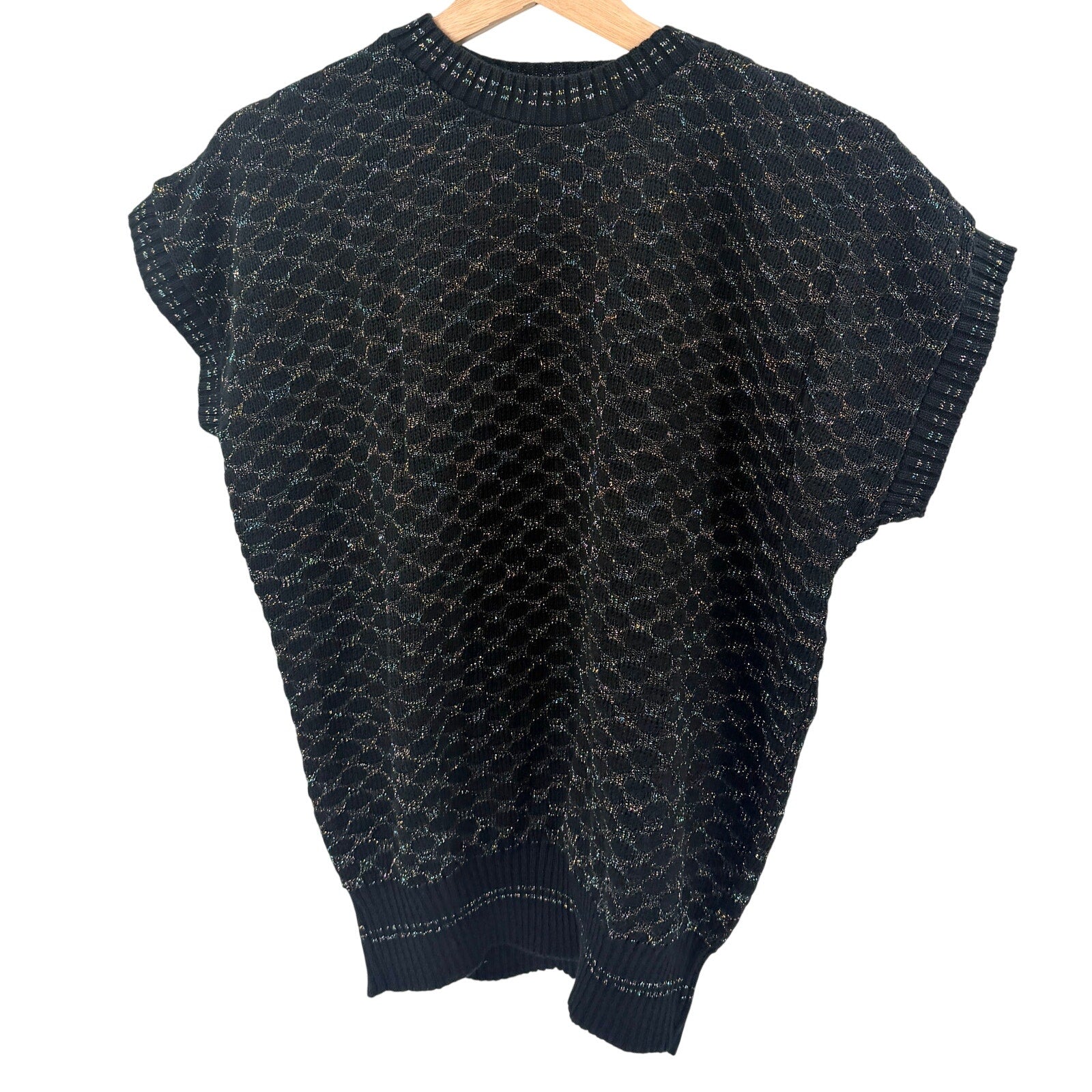 Vintage 80s Bellocco Black Metallic Rainbow Thread Sparkle Sweater Vest Top