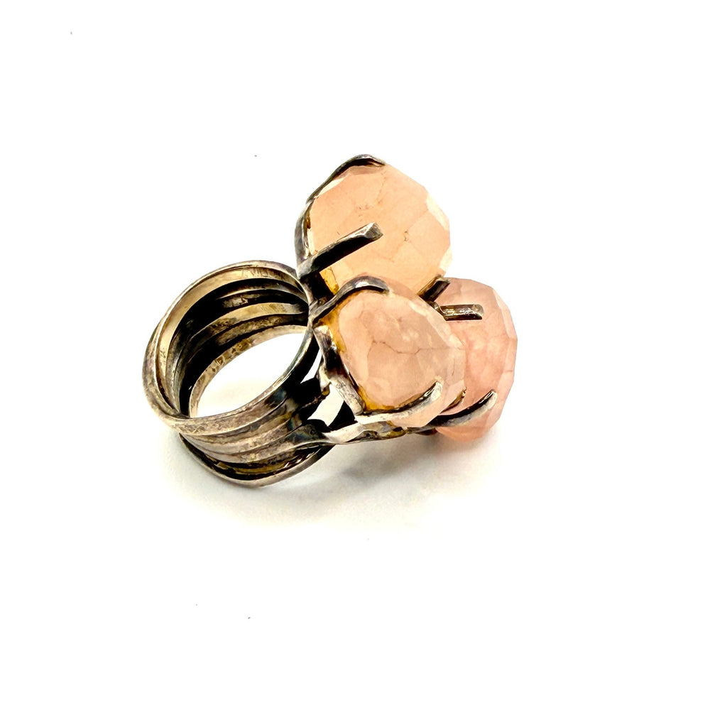 Vintage 90s Sterling Silver Rose Quartz Triple Cluster Statement Ring