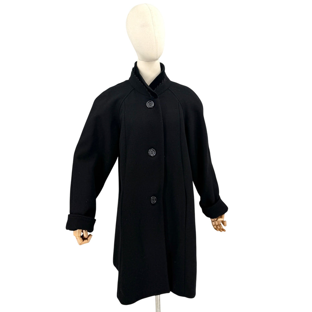 Vintage 90s Worthington Black Wool Velvet Trim Swing Coat