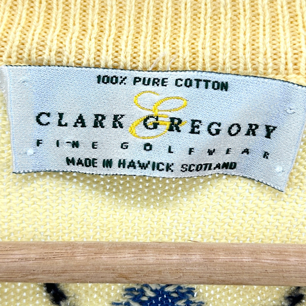 Vintage 90s Clark & Gregory Yellow 100% Cotton Argyle Knit Sweater