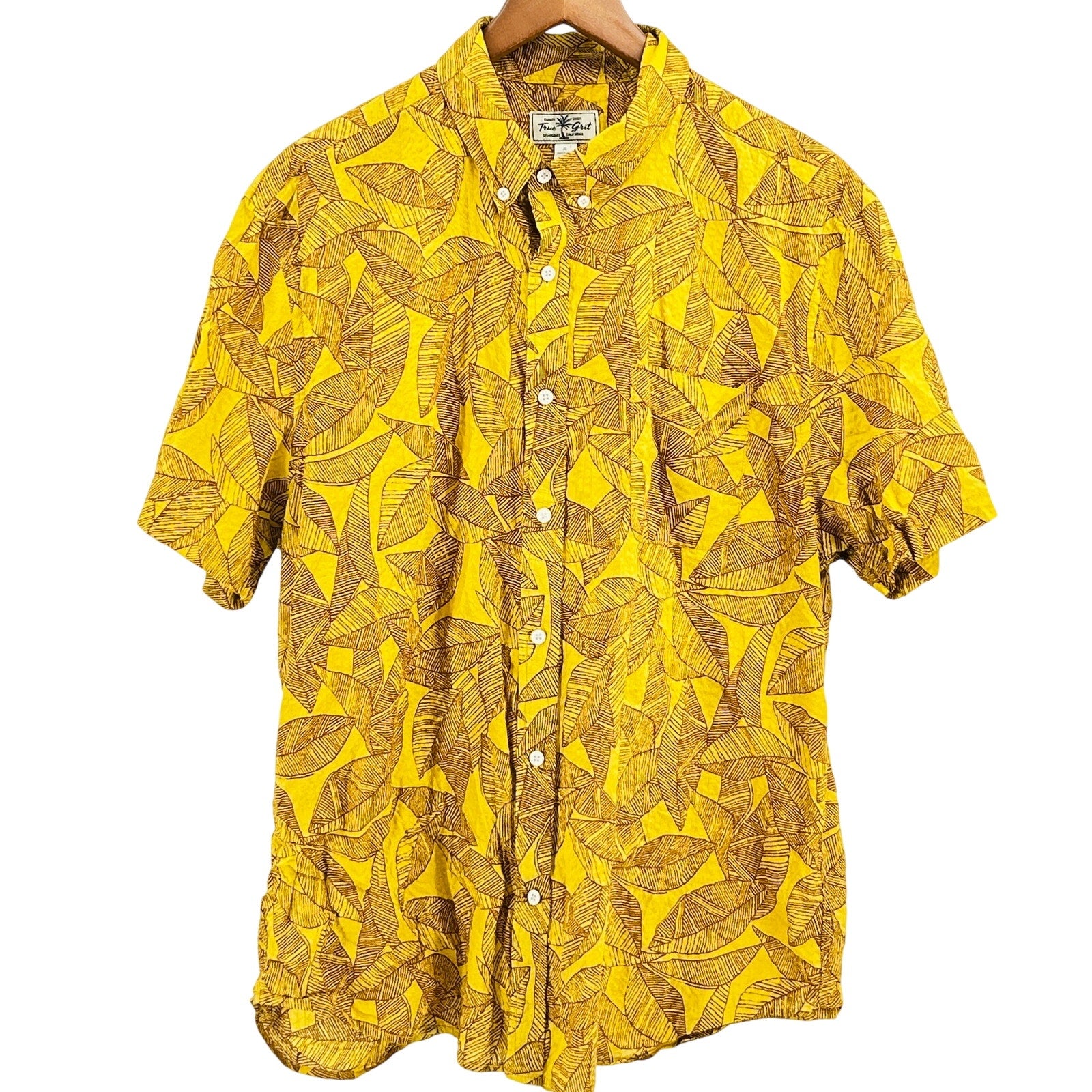 True Grit Yellow 100% Cotton Tropical Leaf Print Button-Up Shirt