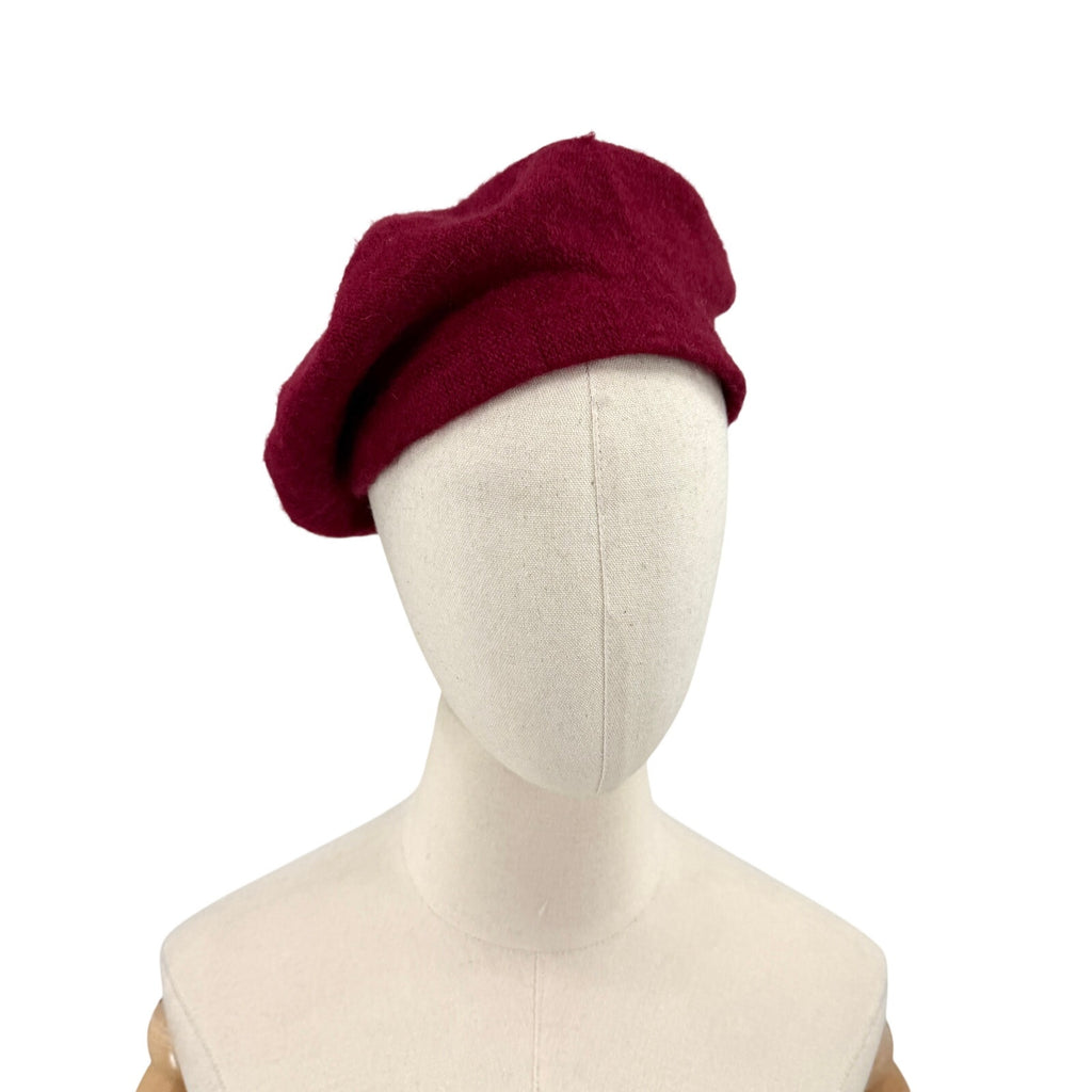 Vintage 90s Raspberry Maroon 100% Wool Slouchy French Beret Hat