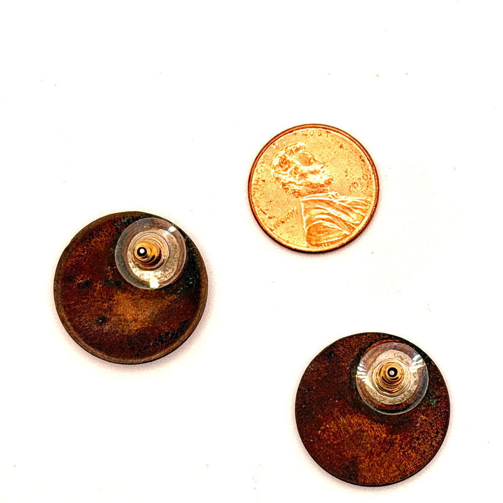 Vintage 70s Orange Gold Enamel Geometric Handcrafted Round Stud Earrings