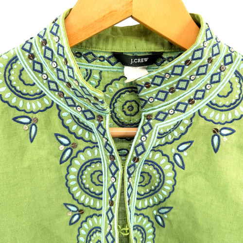 J. Crew Lime Green 100% Linen Embroidered Sequin Long Sleeve Tunic