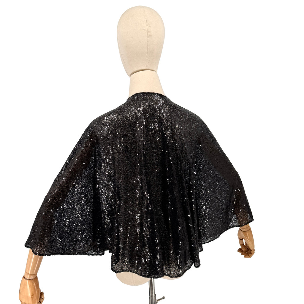 Black Sheer Sequin Evening Capelet Cloak With Frog Closure