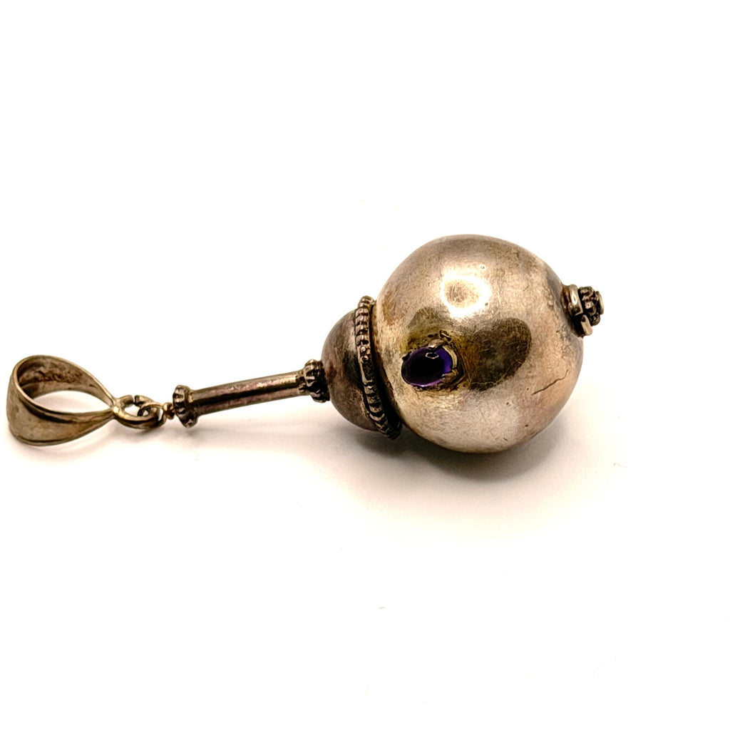 Vintage 90s Sterling Silver Amethyst Sculptural Maraca Pendant
