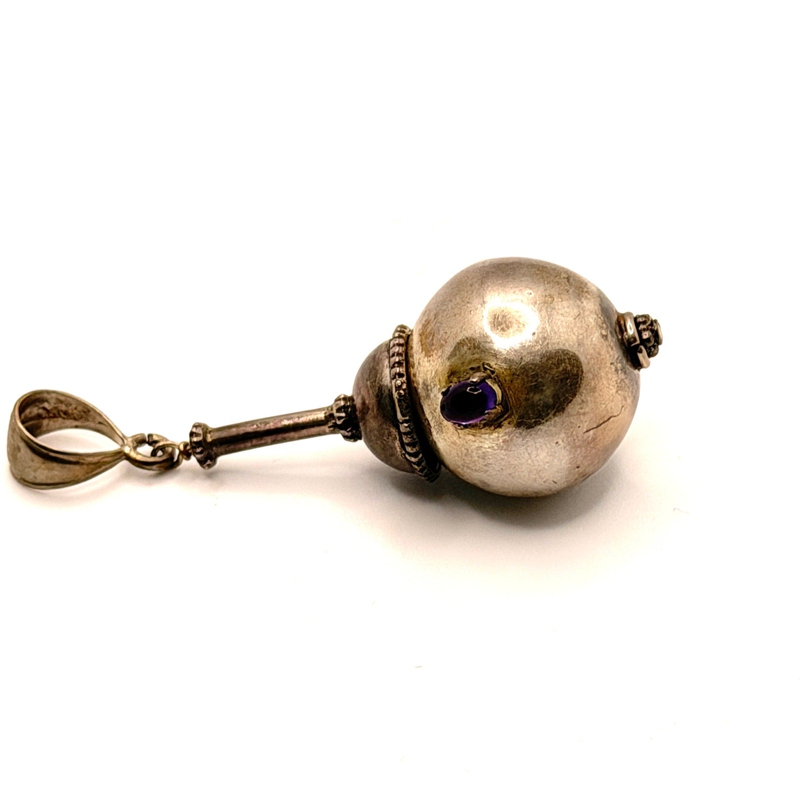 Vintage 90s Sterling Silver Amethyst Sculptural Maraca Pendant