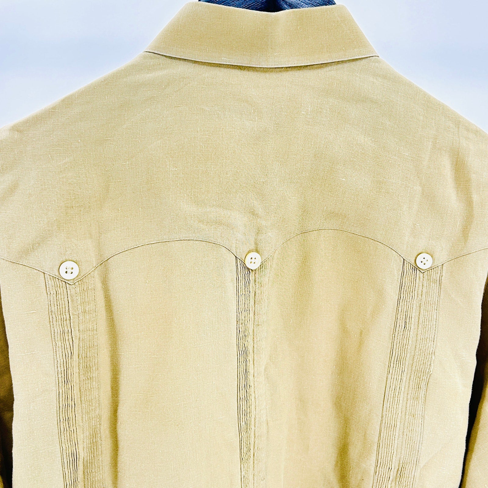 Vintage 70s Cafe Versailles Miami Tan Cotton Linen Long Sleeve Guayabera