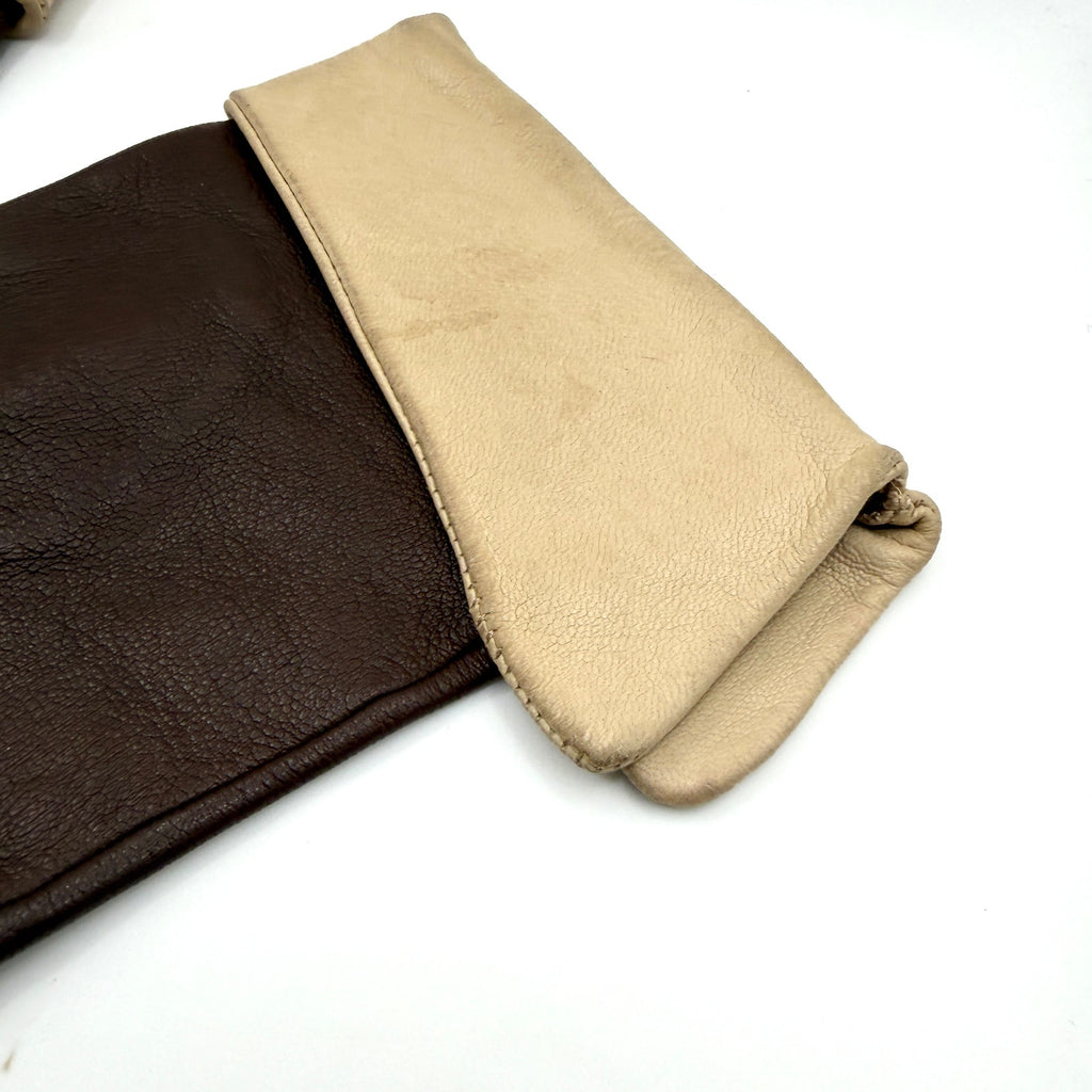 Vintage 70s Brown Genuine Leather Beige Cuff Trim Gloves