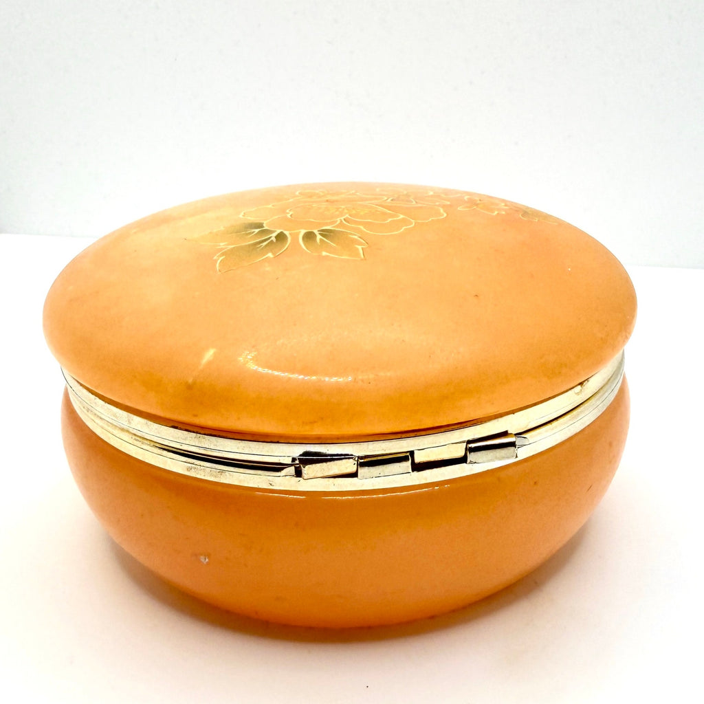 Vintage 70s Italian Hand Carved Peach Alabaster Hand Painted Round Trinket Box
