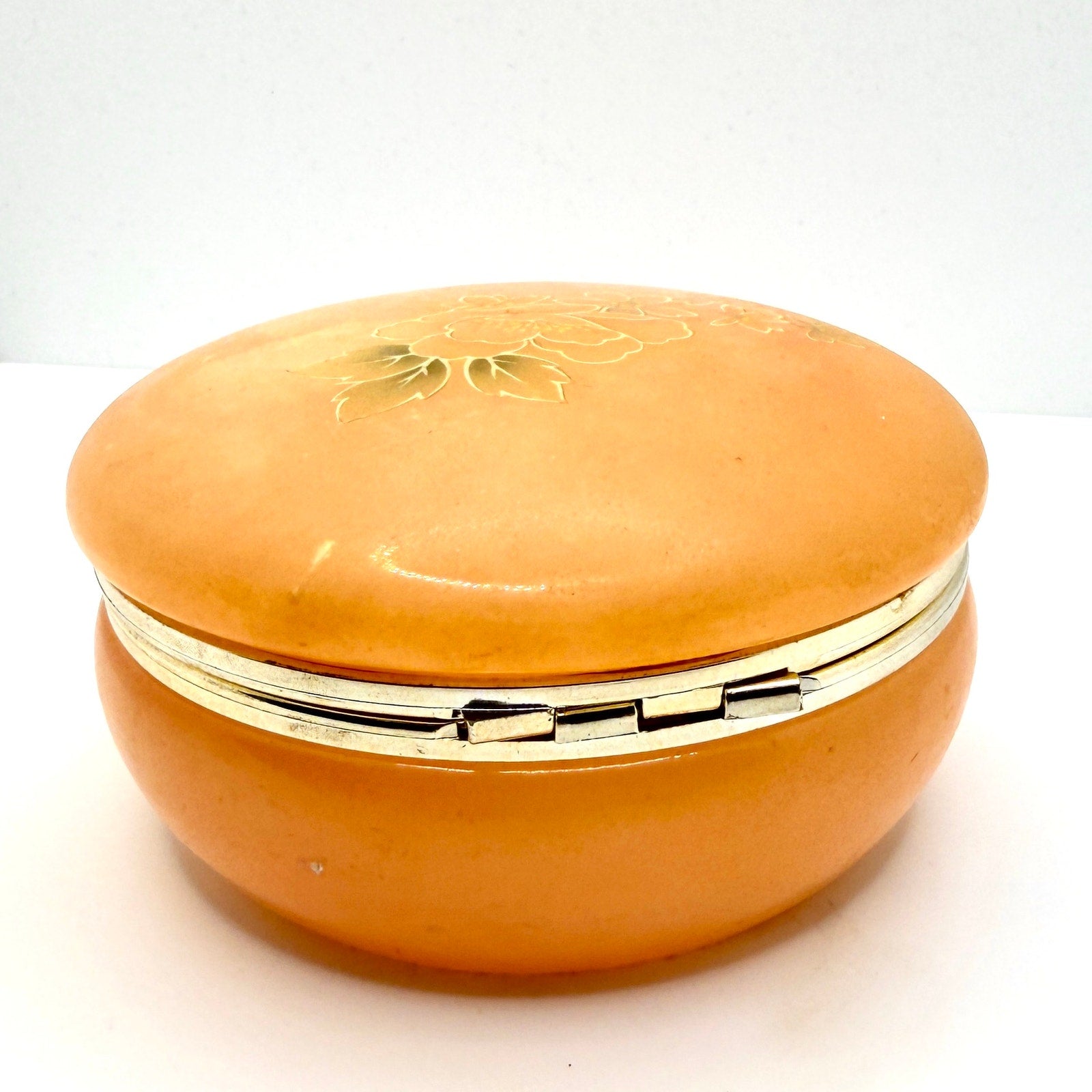 Vintage 70s Italian Hand Carved Peach Alabaster Hand Painted Round Trinket Box