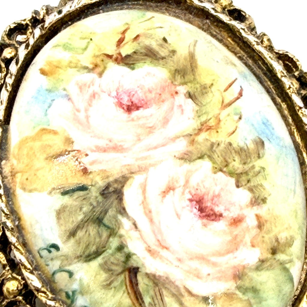 Vintage 60s Artist Signed Floral Porcelain Romantic Hand Painted Brooch
