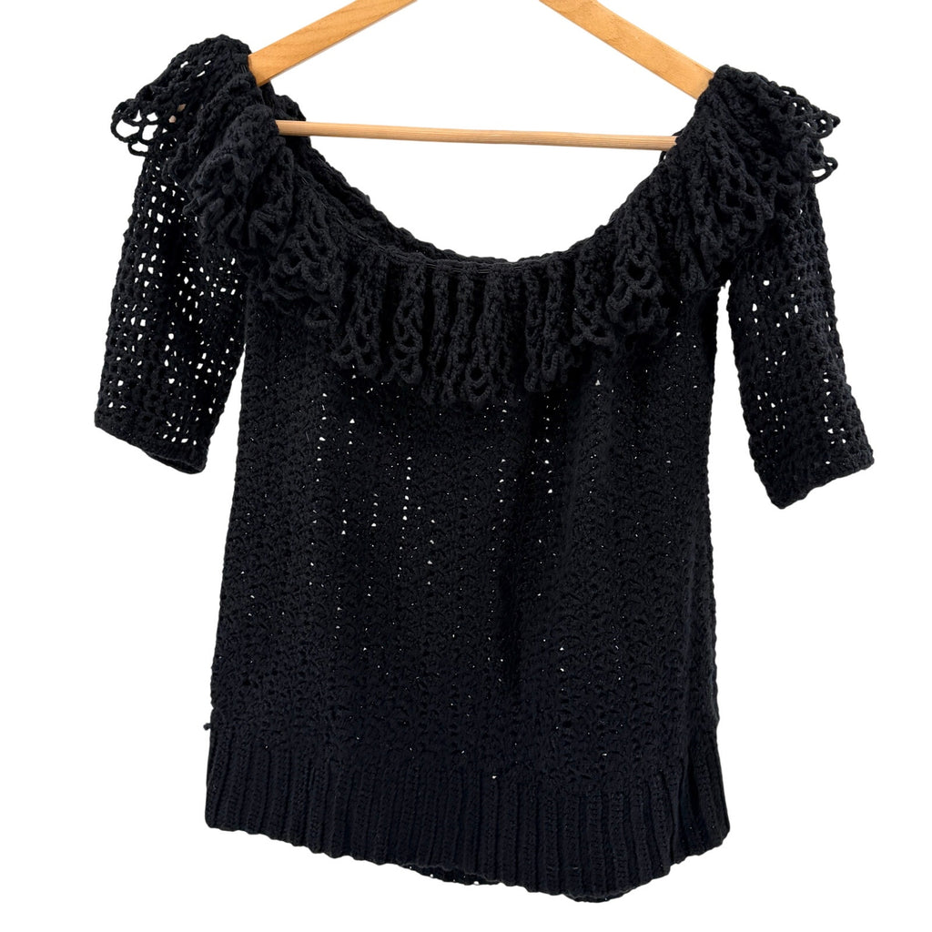 Vintage Y2K Black Off Shoulder Ruffle Open Knit Sweater Top