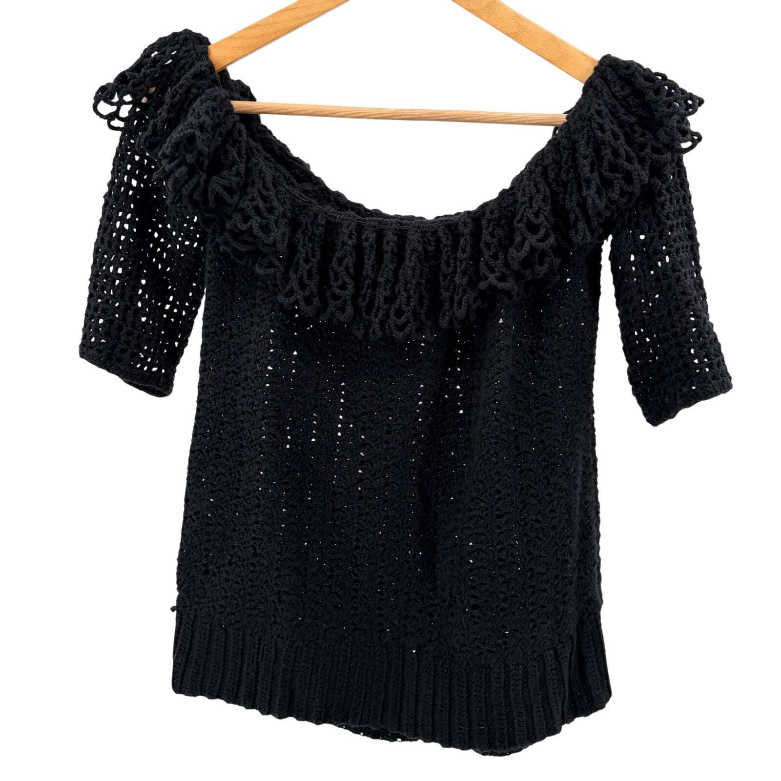 Vintage Y2K Black Off Shoulder Ruffle Open Knit Sweater Top