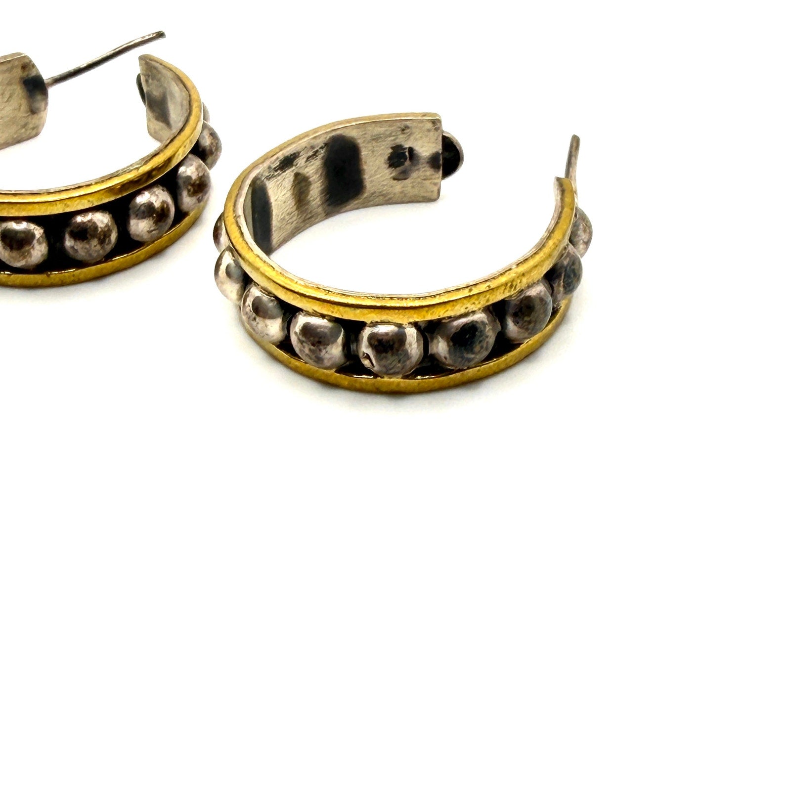 Vintage 90s Taxco Stamped Sterling Silver Brass Mixed Metal Hoop Earrings