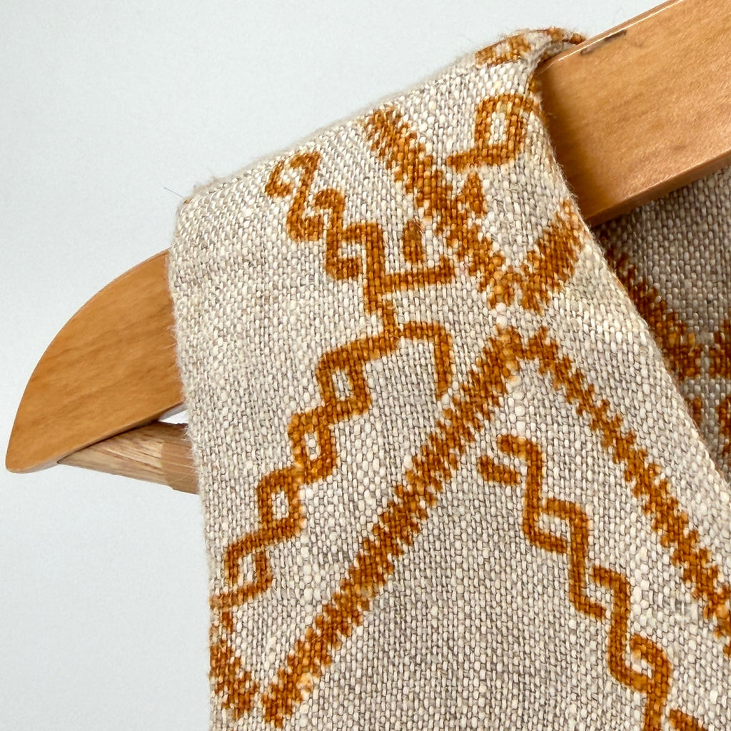 Vintage 90s Handmade Beige Mustard Yellow Linen Tribal Print Skirt Blouse Set