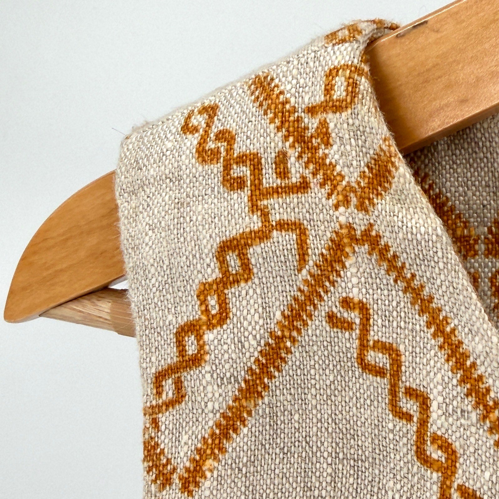 Vintage 90s Handmade Beige Mustard Yellow Linen Tribal Print Skirt Blouse Set