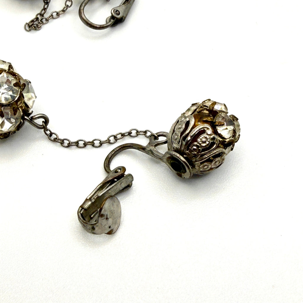 Vintage 60s Silver Clear Rhinestone Midcentury Glamour Dangle Clip-on Earrings