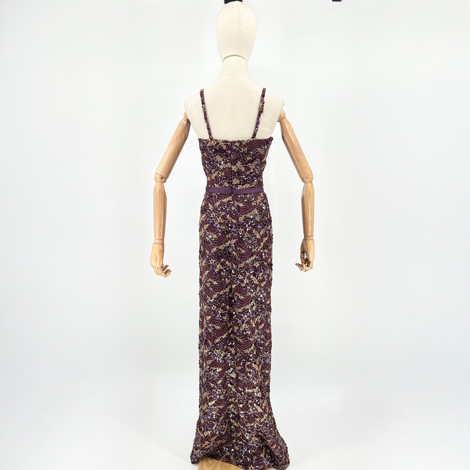 Vintage 90s Tosca New York Purple Gold Lace Silk Sequin Gown