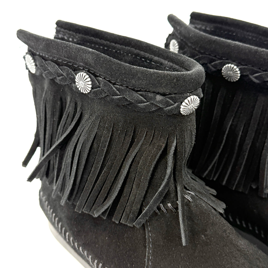 Minnetonka Black Genuine Leather Fringe Back Zip Moccasin Booties