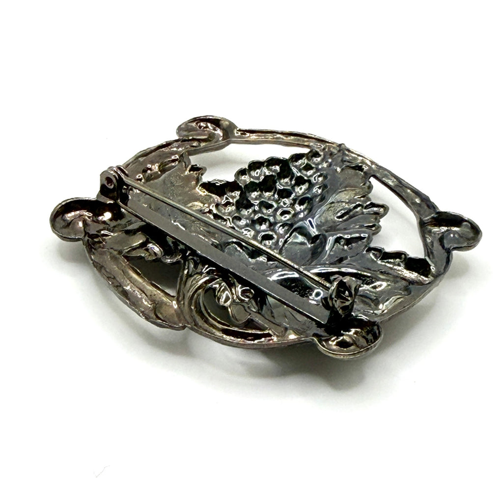 Vintage 80s Silver Tone Grape Cluster Vine Relief Brooch Pin