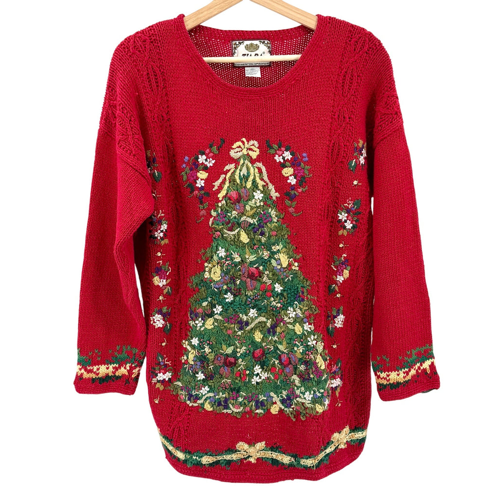 Vintage 90s Tiara International Red Ugly Christmas Tree Beaded Sweater