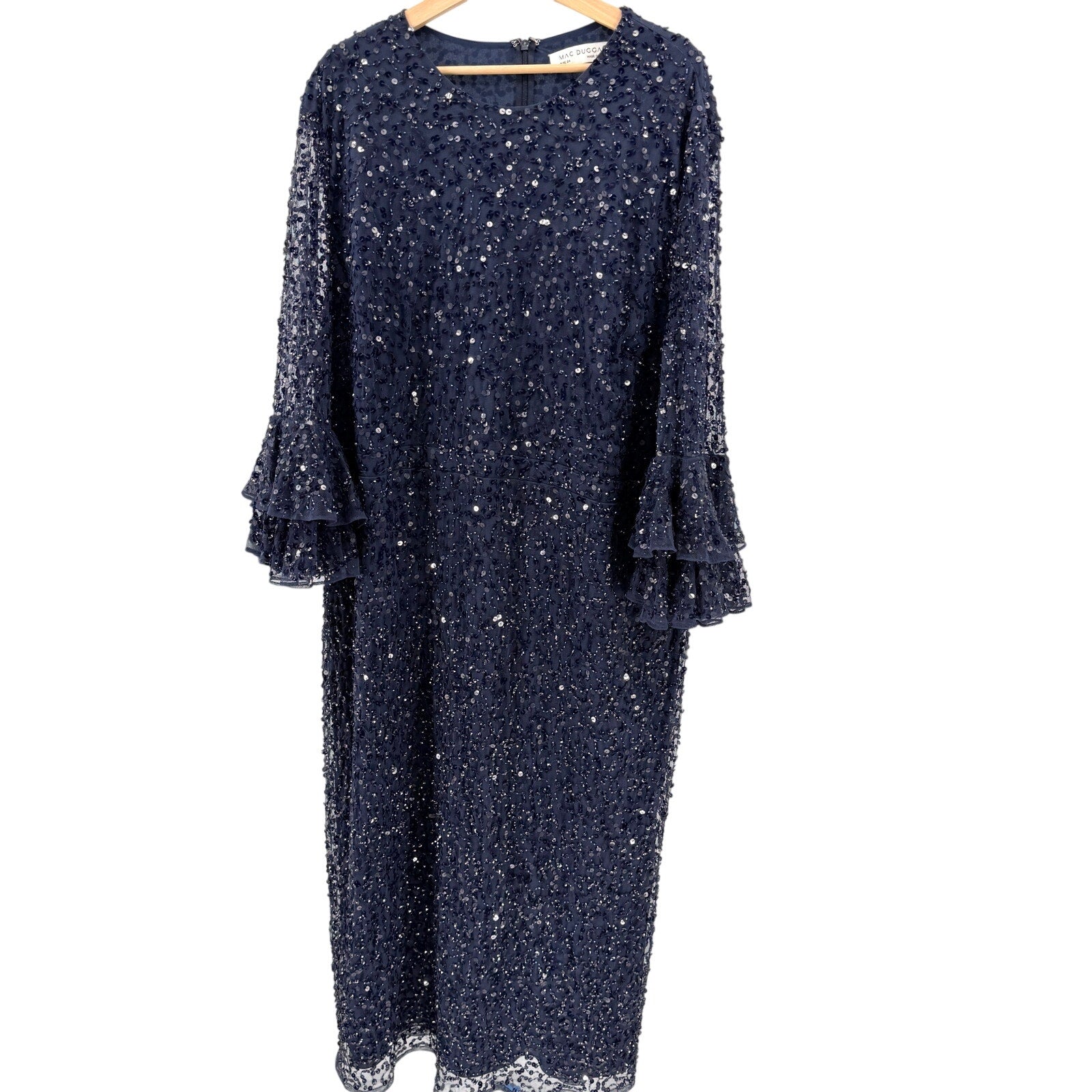 NWT Mac Duggal Navy Blue Sequin Tiered Ruffle Bell Sleeve Formal Cocktail Dress