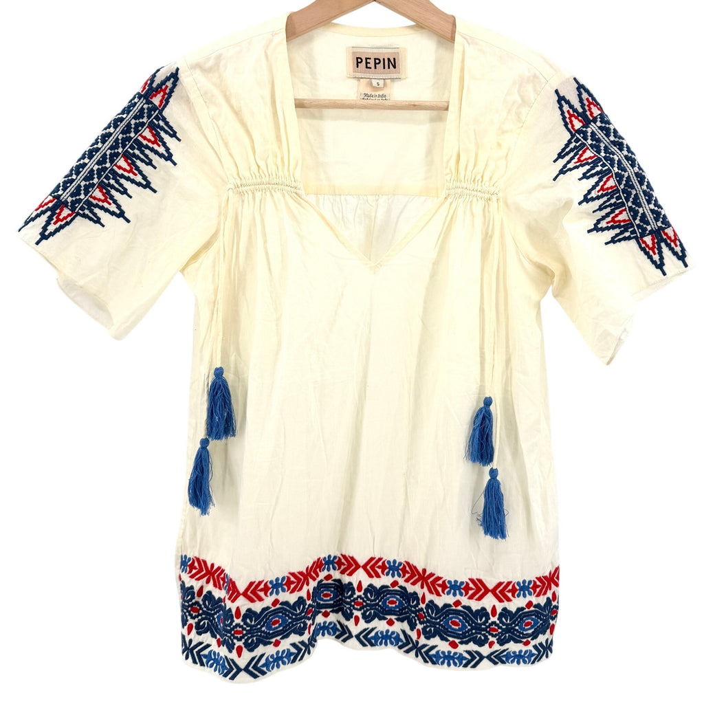 Pepin Cream 100% Cotton Red Blue Embroidered Tunic Blouse