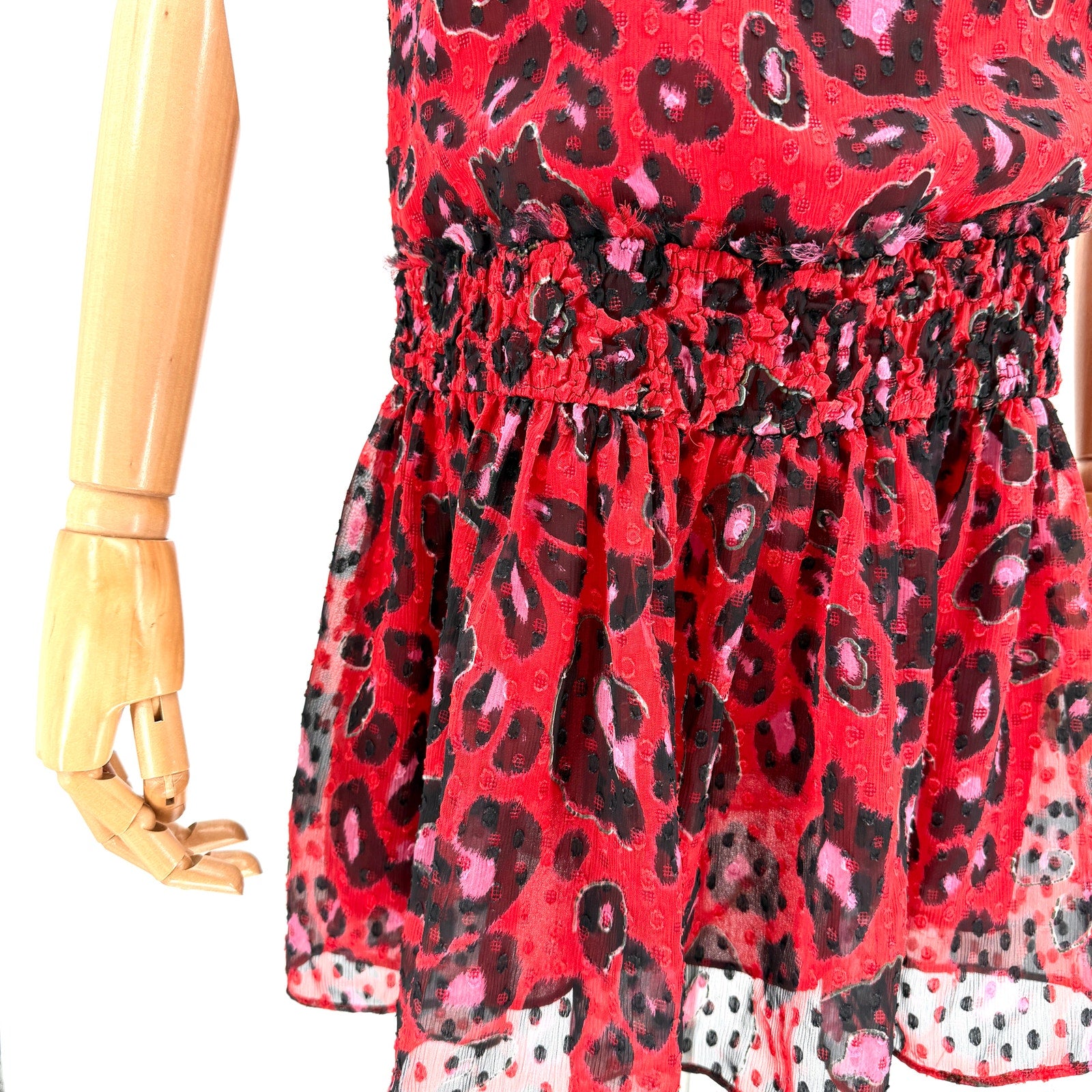 Giambattista Valli for Impulse Red Leopard Print Smocked Mini Dress