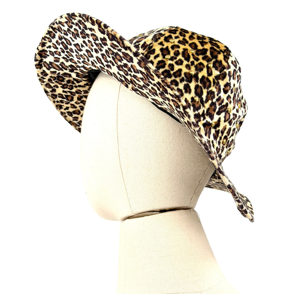 Vintage 90s Leopard Velvet Gold Studded Wire Brim Bucket Hat