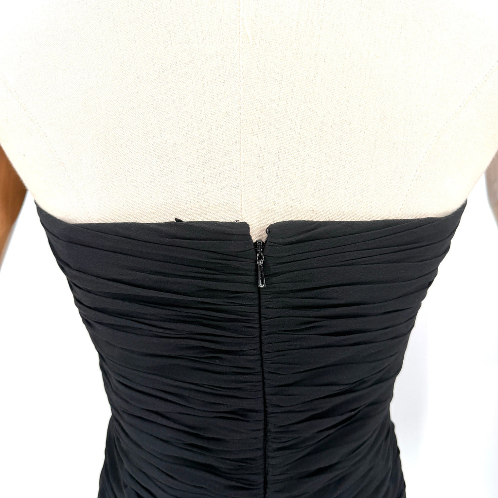 Vintage 90s Rickie Freeman Teri Jon Black 100% Silk Ruched Strapless Midi Dress