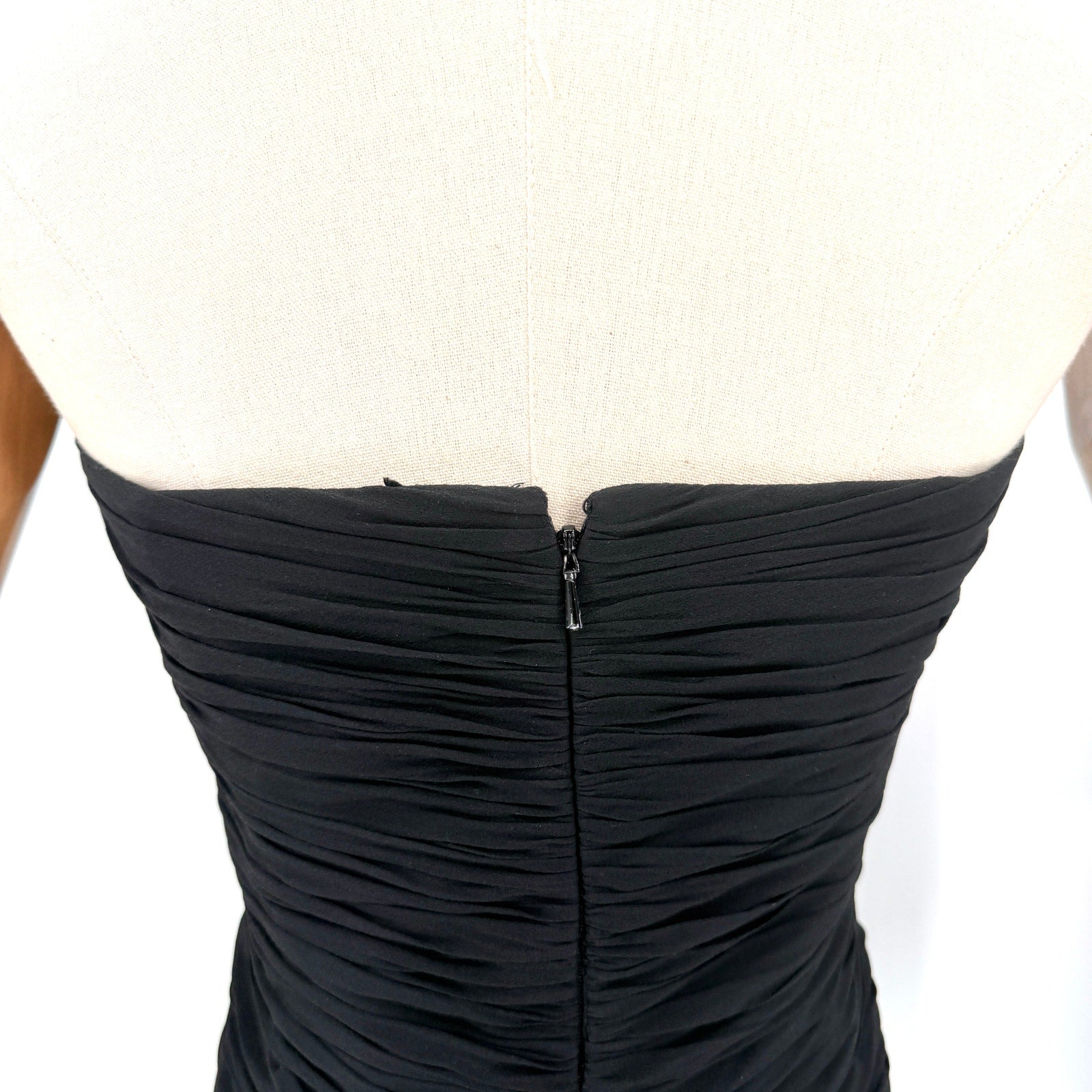 Vintage 90s Rickie Freeman Teri Jon Black 100% Silk Ruched Strapless Midi Dress