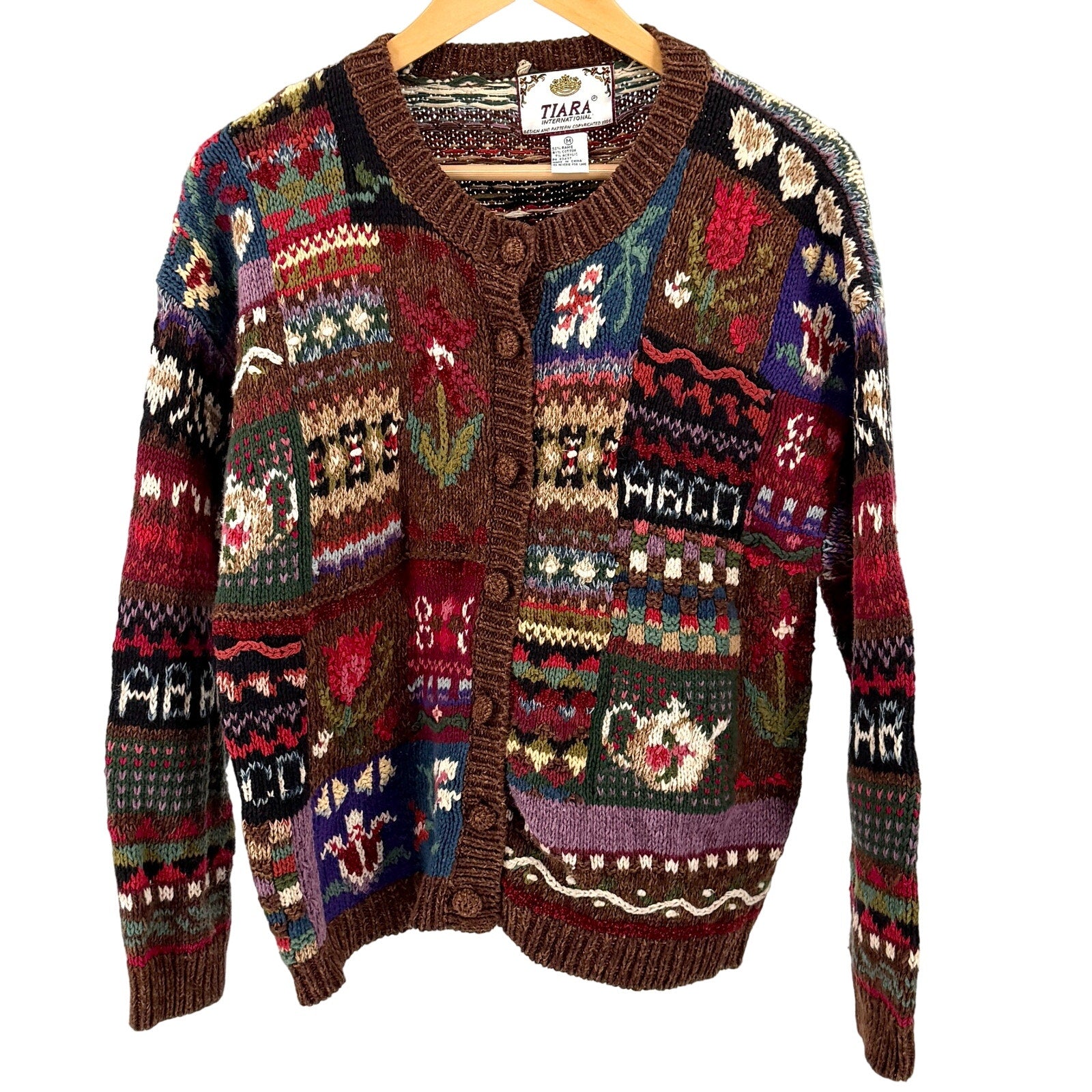 Vintage 90s Tiara International Brown Cottagecore Floral Patchwork Cardigan
