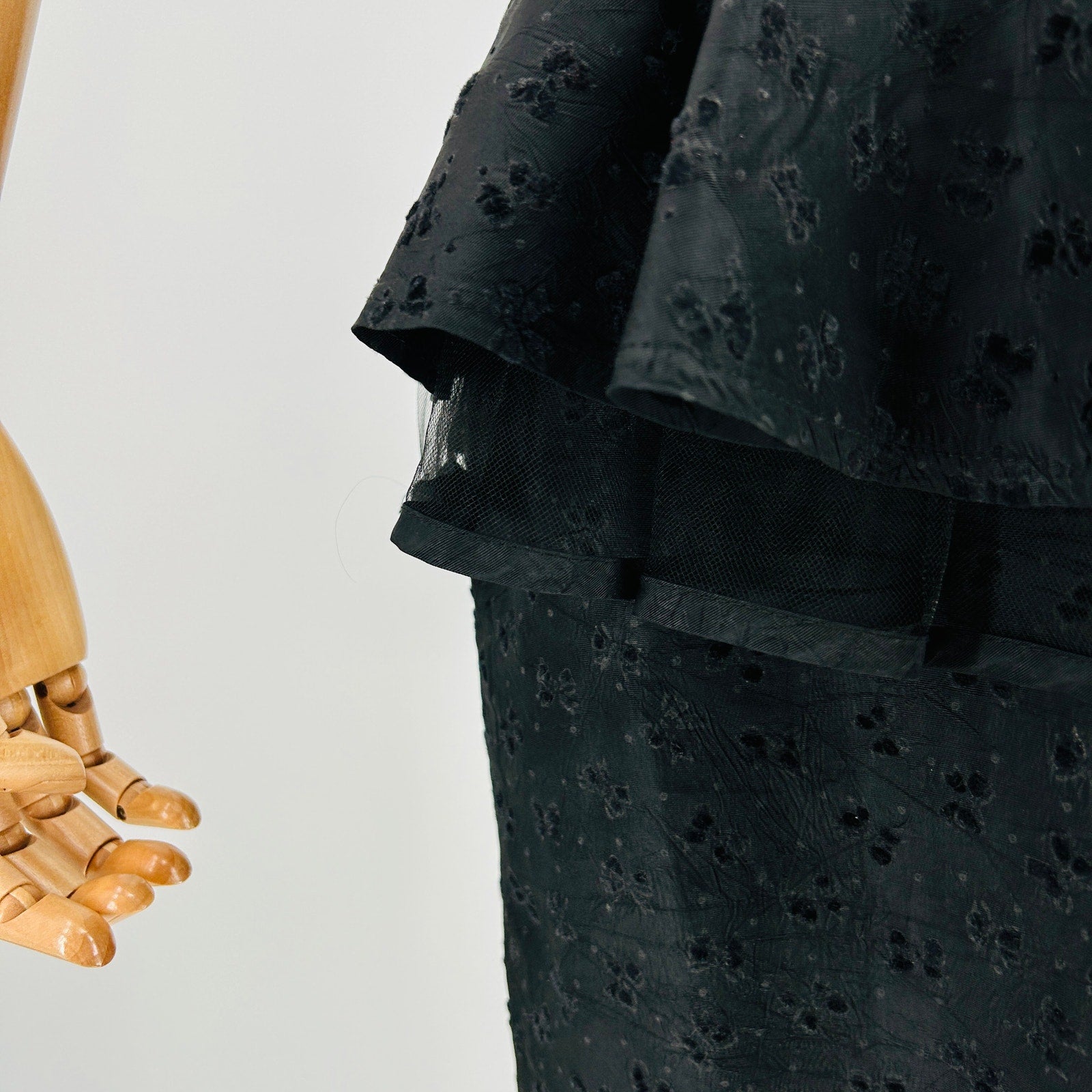 Vintage 60s Black Velvet Flocked Taffeta Strapless Peplum Dress