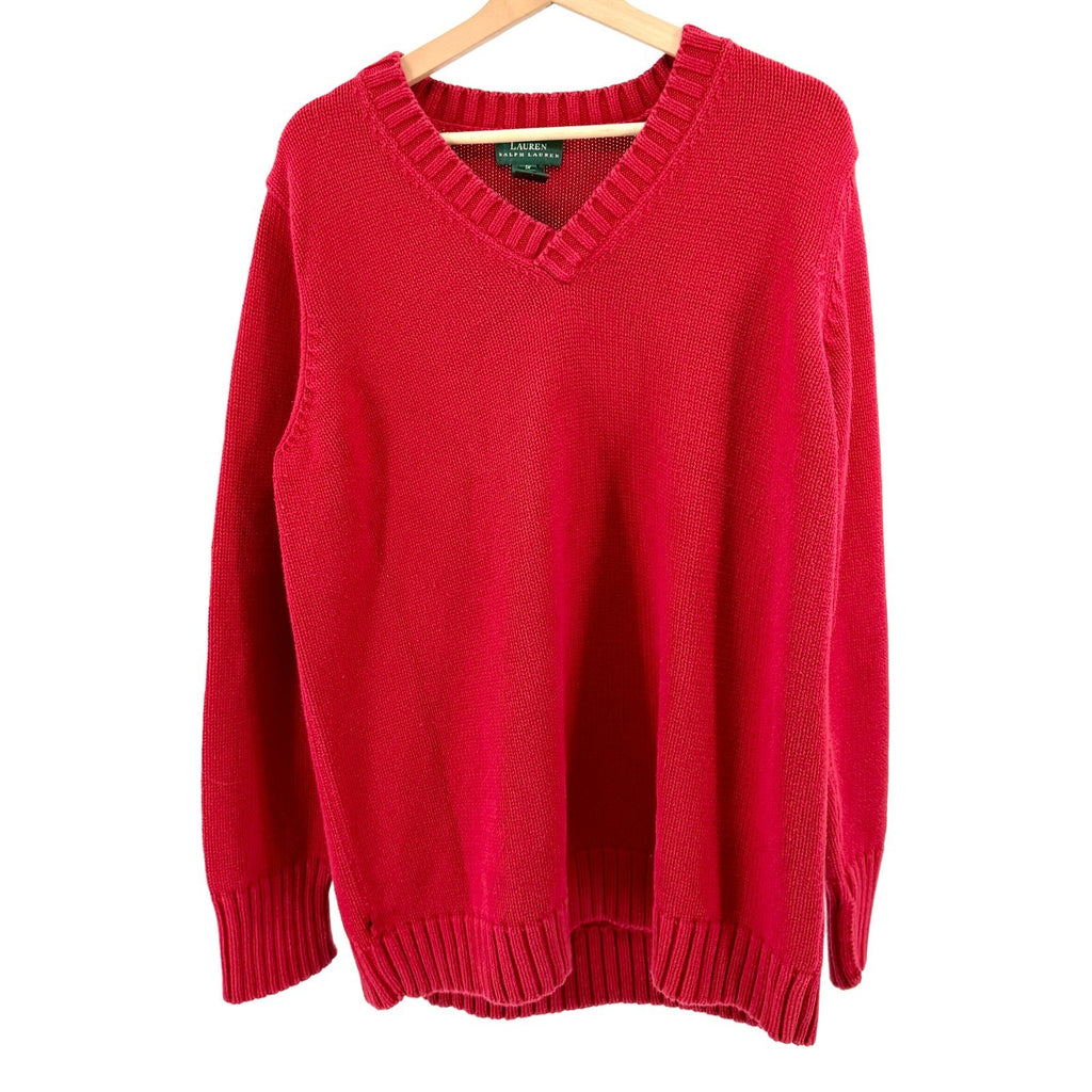 Vintage 90s Lauren Ralph Lauren Red 100% Cotton V-Neck Chunky Knit Sweater