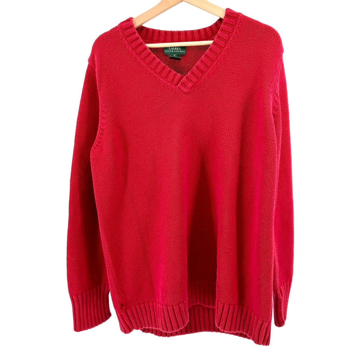 Vintage 90s Lauren Ralph Lauren Red 100% Cotton V-Neck Chunky Knit Sweater