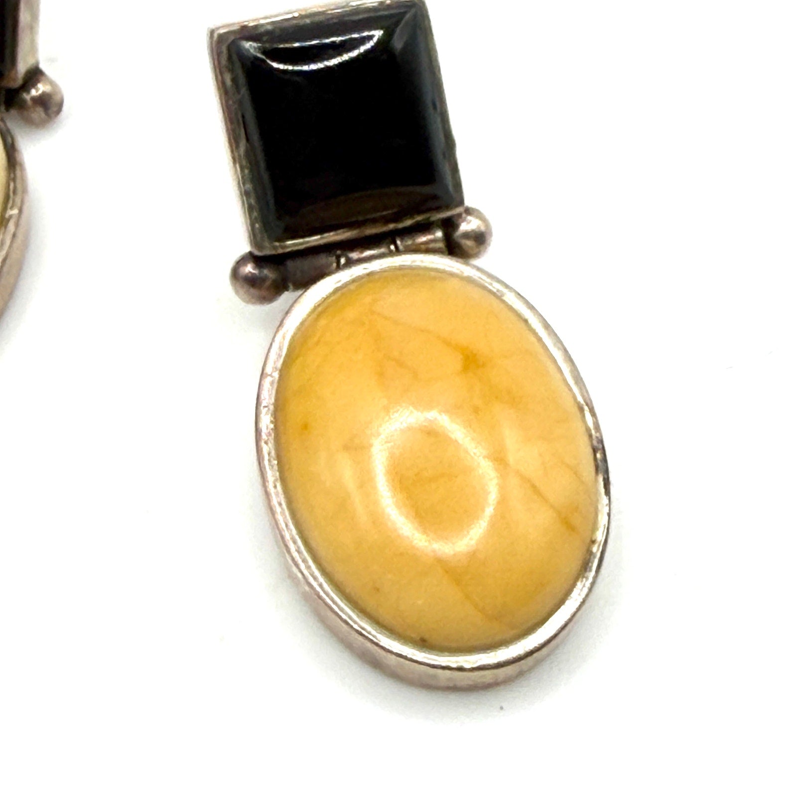 Vintage 90s Sterling Silver Butterscotch Amber Onyx Inclusion Drop Earrings