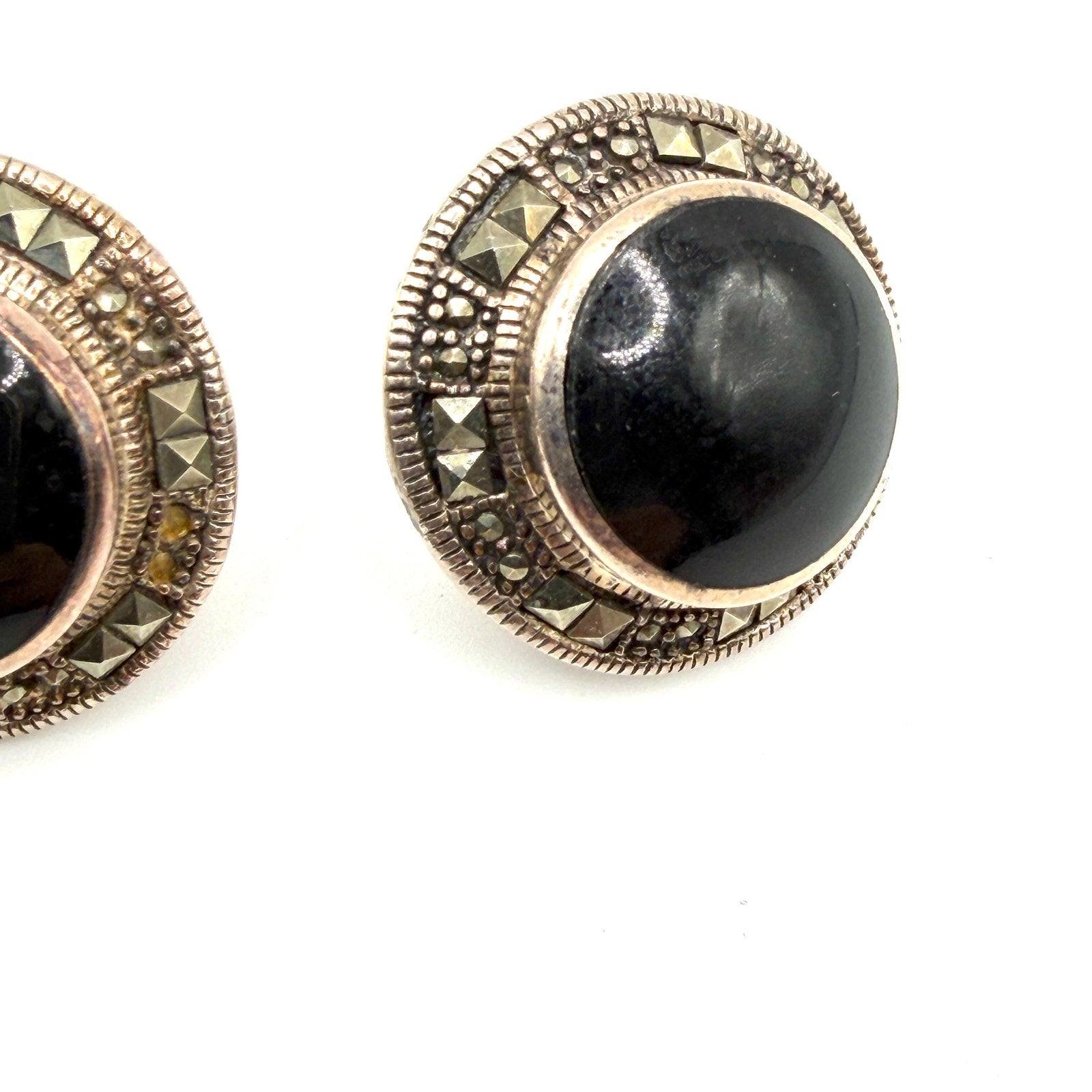 Vintage 90s Collins Fine Jewelry Sterling Silver Black Onyx Marcasite Studs