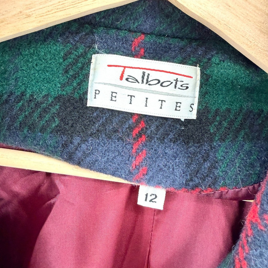 Vintage 90s Talbots Green Blue Tartan Wool Shawl Collar Jacket