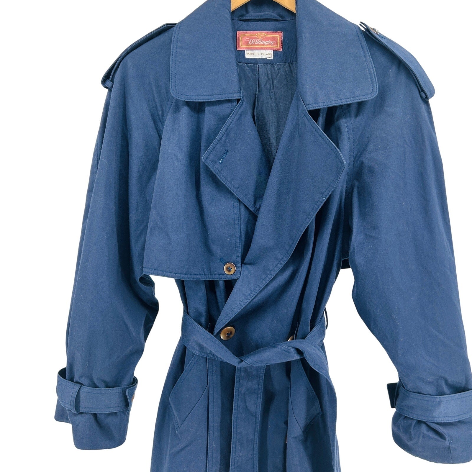 Vintage 90s Worthington Navy Double-Breasted Buckle Strap Trench Coat