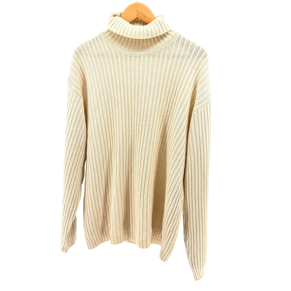 Vintage 90s Perry Ellis Cream Merino Wool Blend Micro Cable Knit Turtleneck