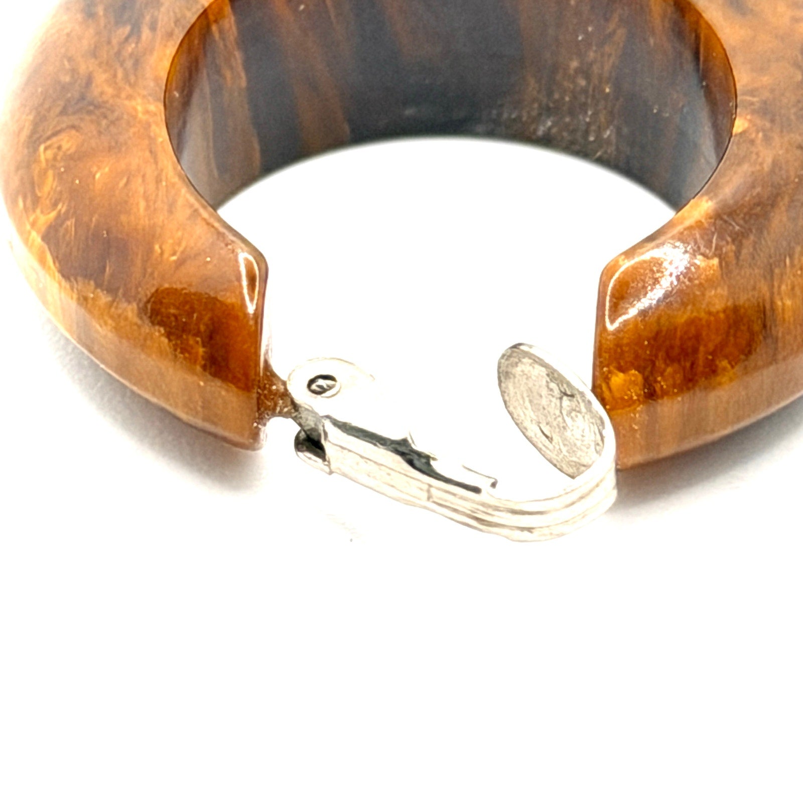 Vintage 70s Brown Tortoise Resin Chunky Crescent Hoop Clip On Earrings