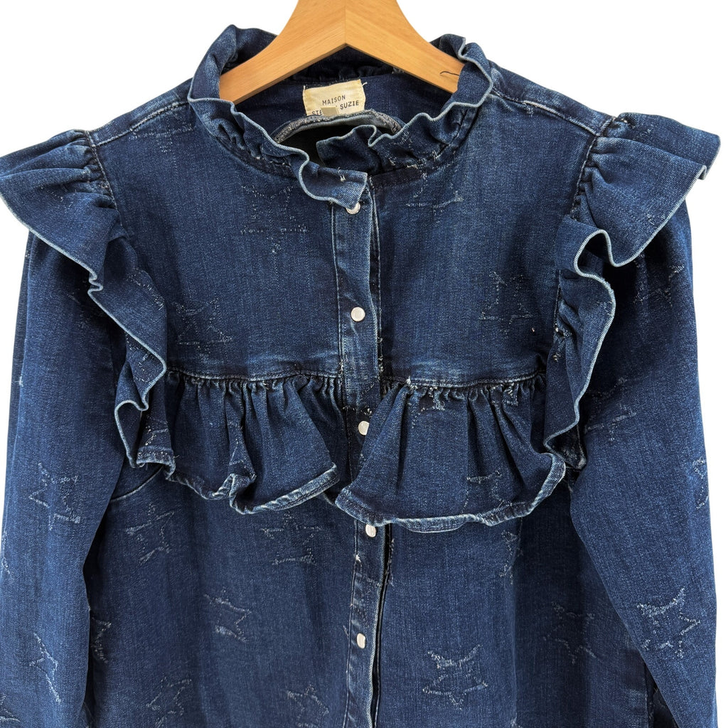Maison Stella & Suzie Blue Carmen Western Star Ruffle Pearl Snap Blouse Top