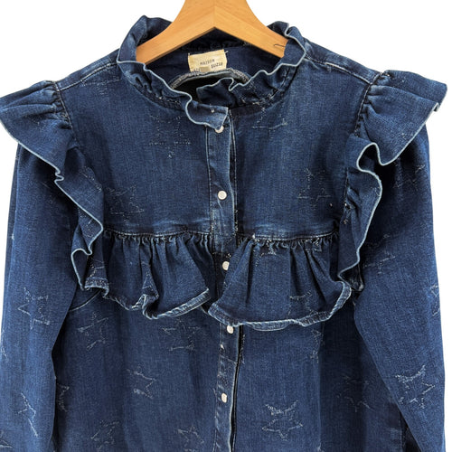 Maison Stella & Suzie Blue Carmen Western Star Ruffle Pearl Snap Blouse Top