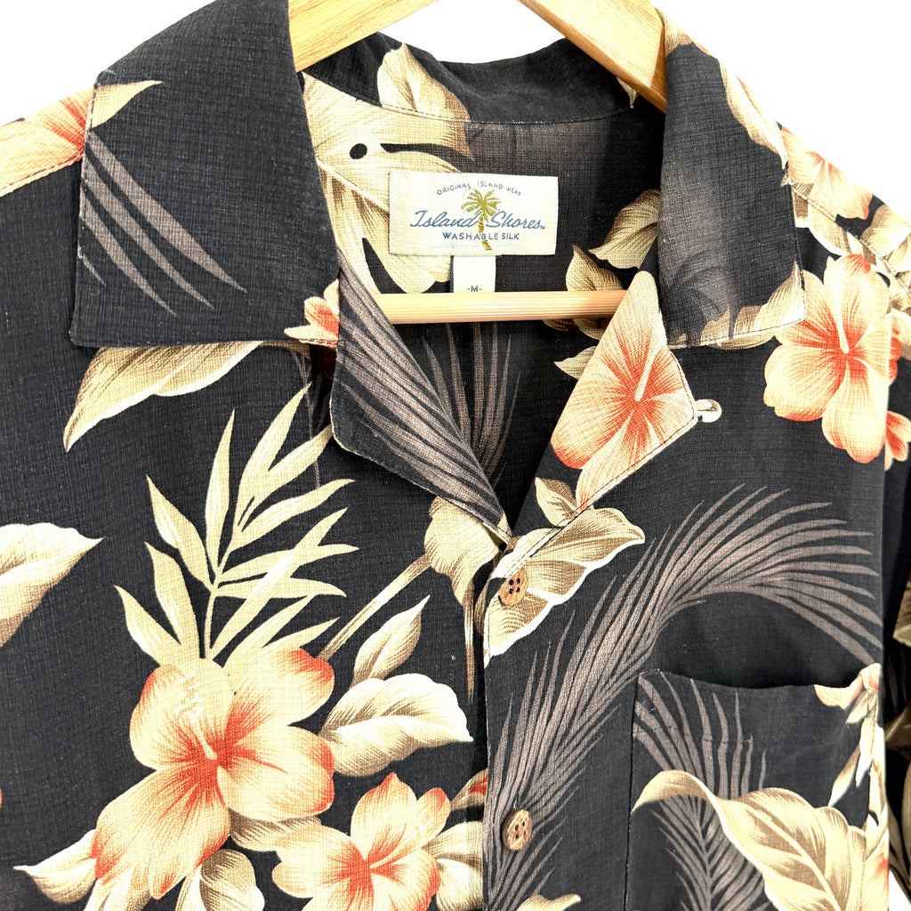 Vintage Y2K Island Shores Black Tan 100% Silk Tropical Hibiscus Button Up