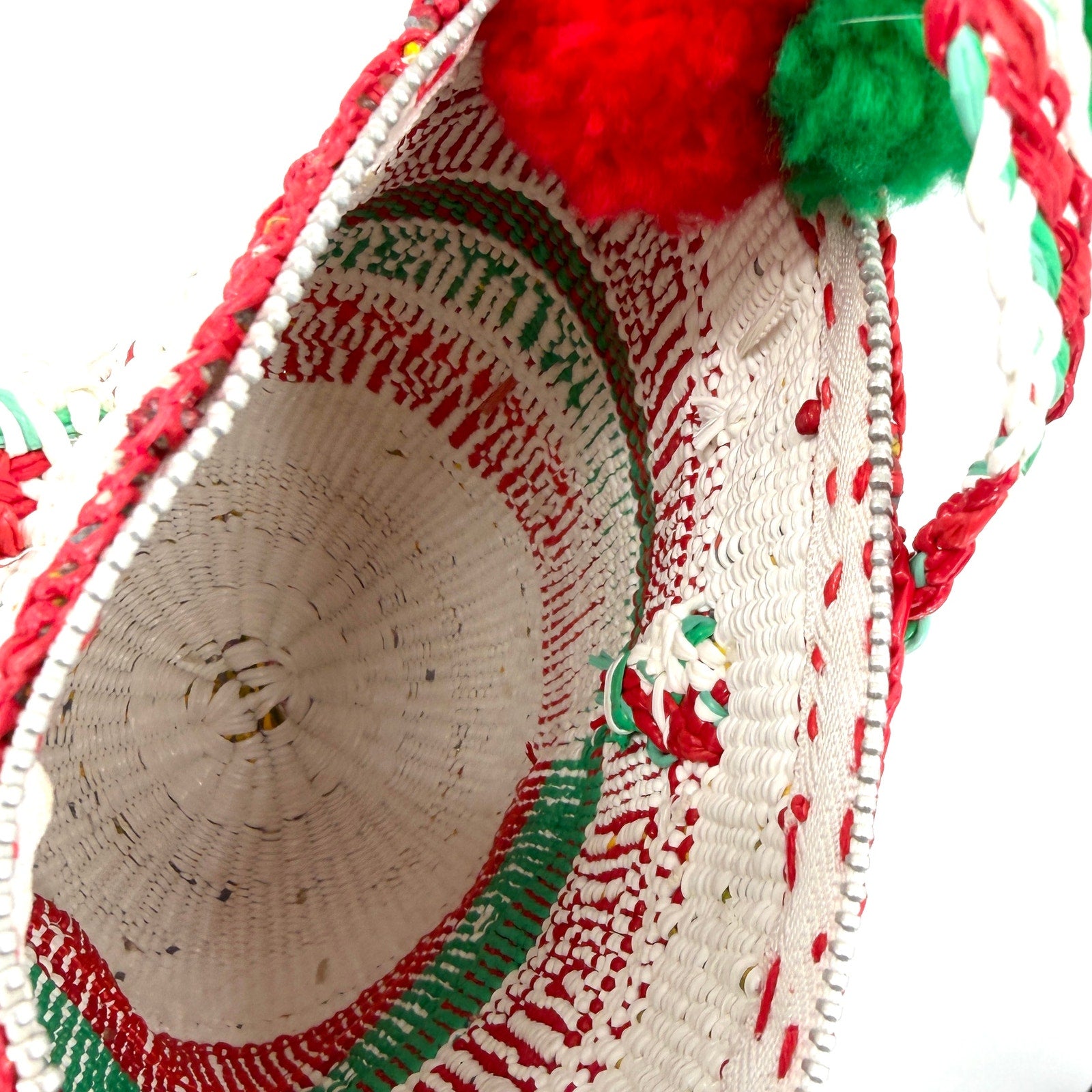 Vintage 70s Handmade Plastic Woven Panama Pom Pom Handbag